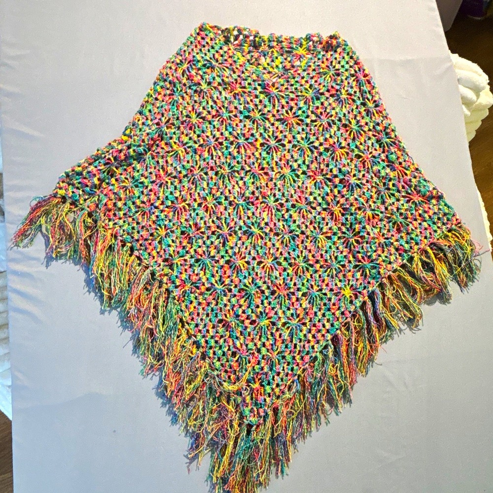 Handmade Crochet Rainbow Poncho Multi Color Variegated Fringe Wrap Boho One Size